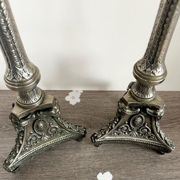 VINTAGE Silver Tone Metal Ornate Idol Ritual Candle Stick Pair 18" Tall INDIA - Picture 7 of 11